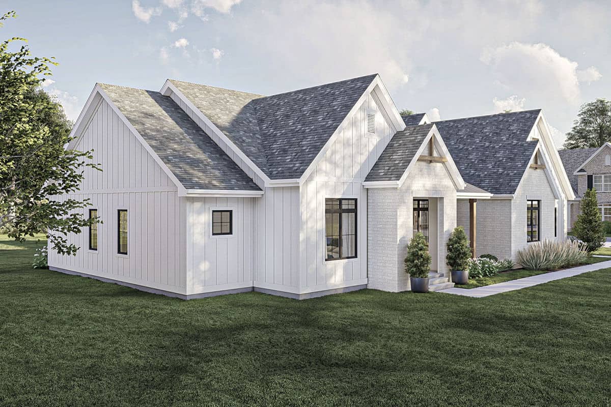 Front-left rendering with board and batten siding, stone accents, gable roofs, and a covered entry porch.