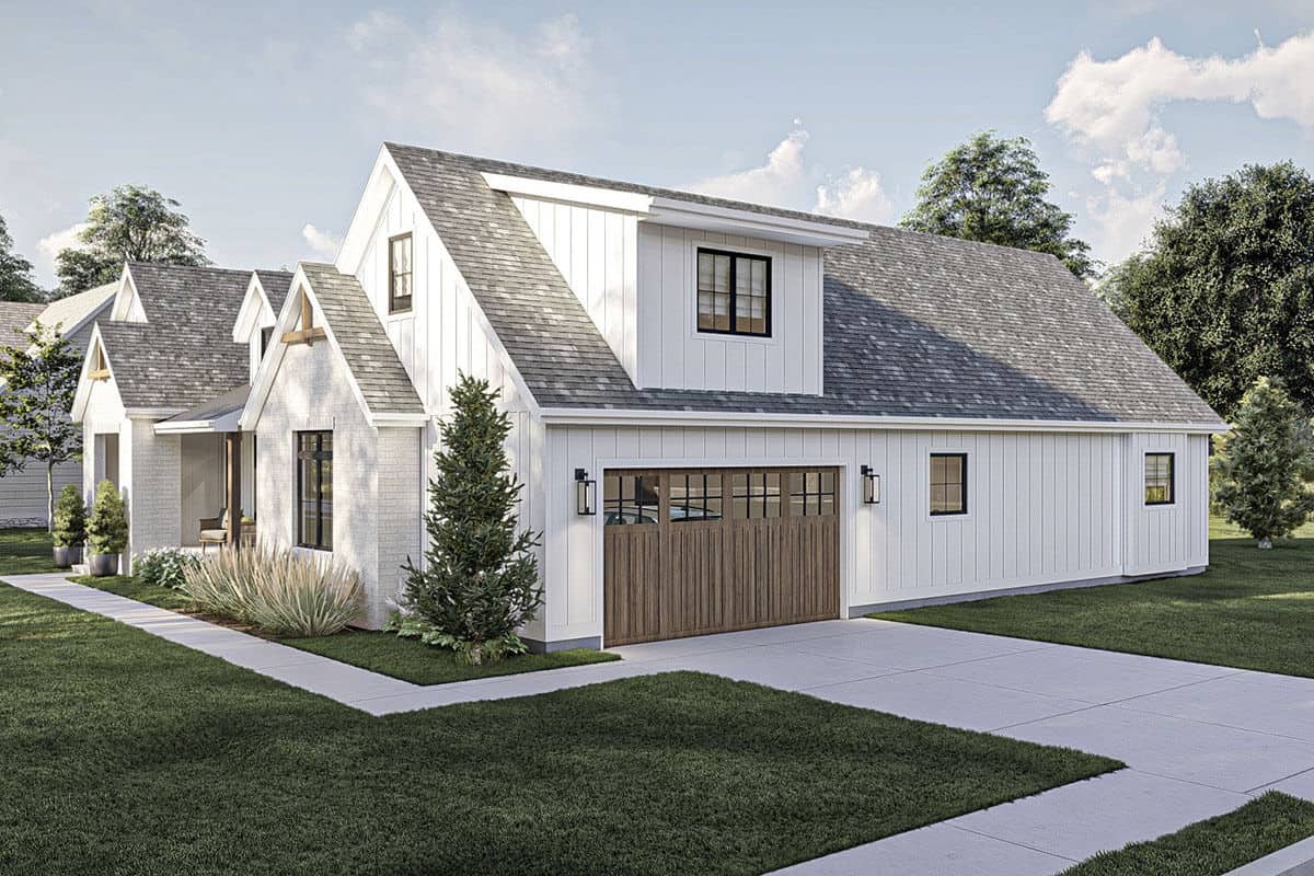 Front-right rendering showcasing the side-loading garage topped with a large shed dormer.