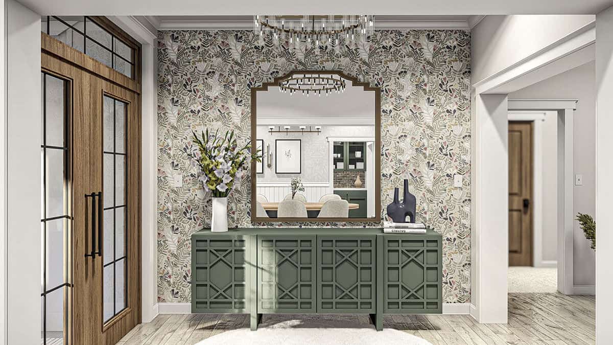 A floral wallpaper adds a classic touch to the foyer.