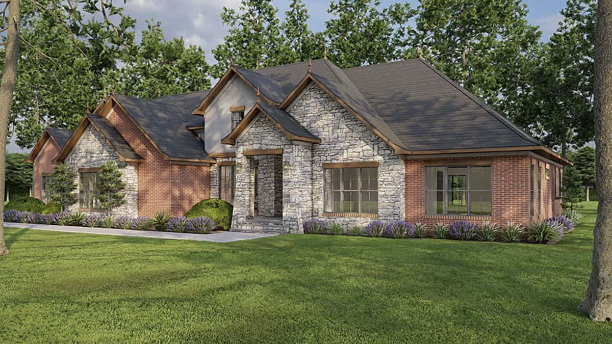 Front-right rendering with stone and brick exterior, multiple gables, and a covered entry.
