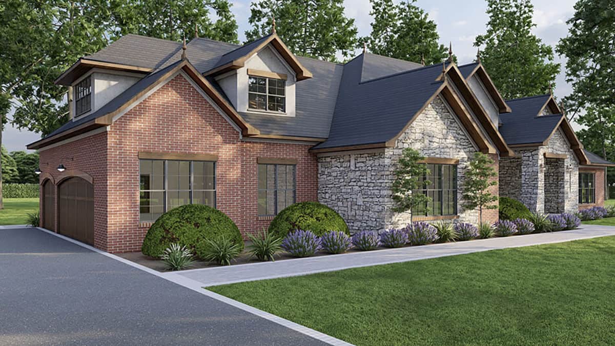 Front-left rendering showcasing the side-loading garage and asphalt driveway.