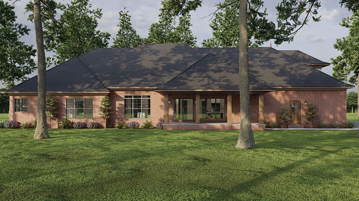 Rear rendering with huge windows, a covered porch, and a man door leading to the garage.