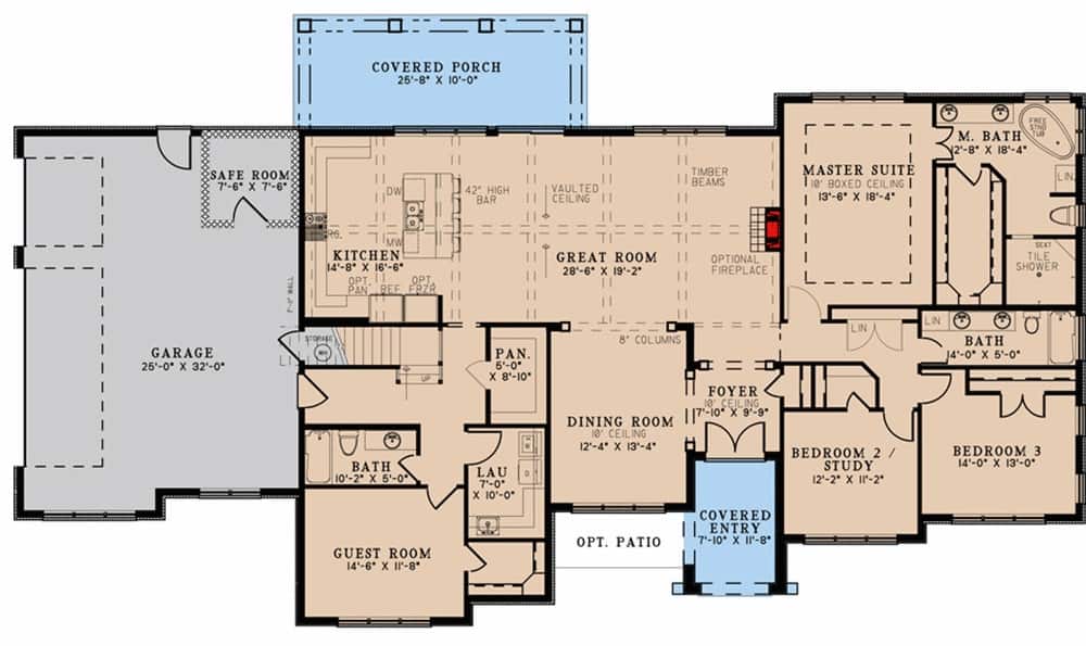 Main level floor plan of a European style 4-bedroom single-story home with foyer, great room, kitchen, dining room, laundry, side-loading garage, and four bedrooms including the primary suite and flexible study.