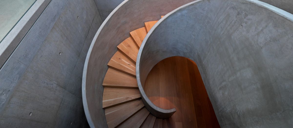 An upper view of the one-of-a-kind spiral staircase design.