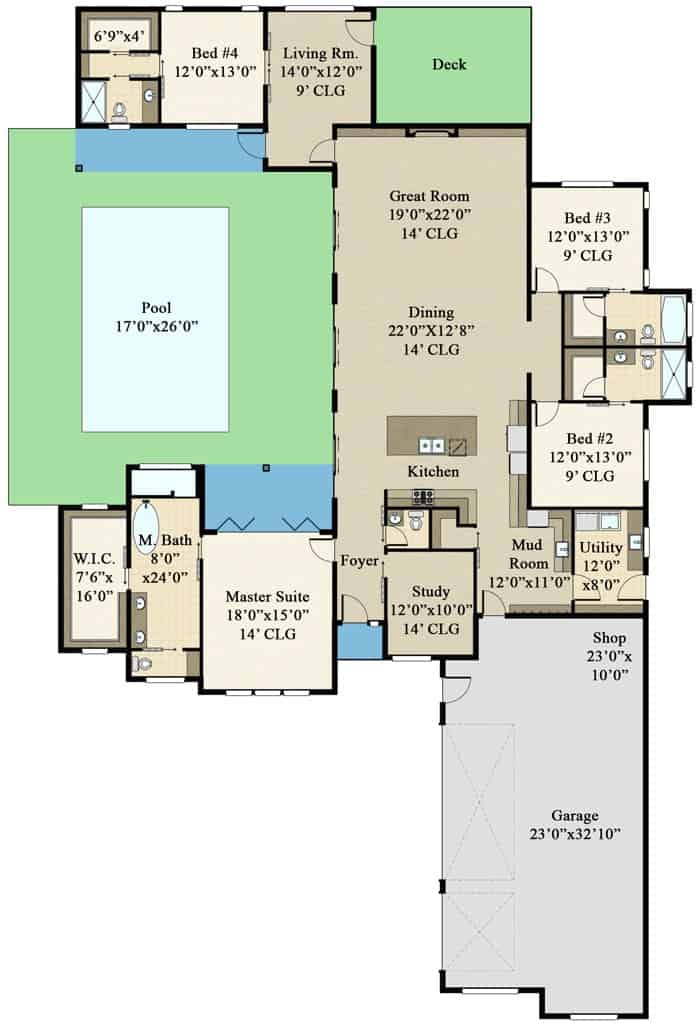 Main level floor plan of a single-story contemporary 4-bedroom ranch with foyer, great room, kitchen, dining area, living room, utility, study, a mudroom that opens to the garage, and a courtyard.