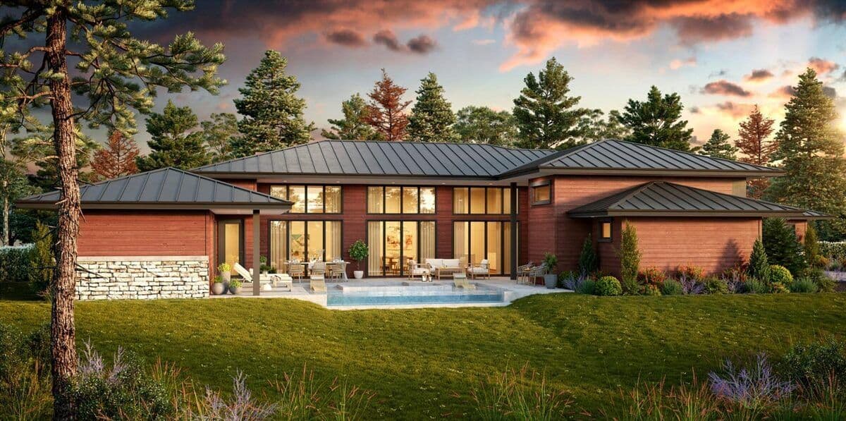 Rear rendering showcasing its low-pitched hipped roofs, glazed walls, and a pool terrace with multiple seating areas.