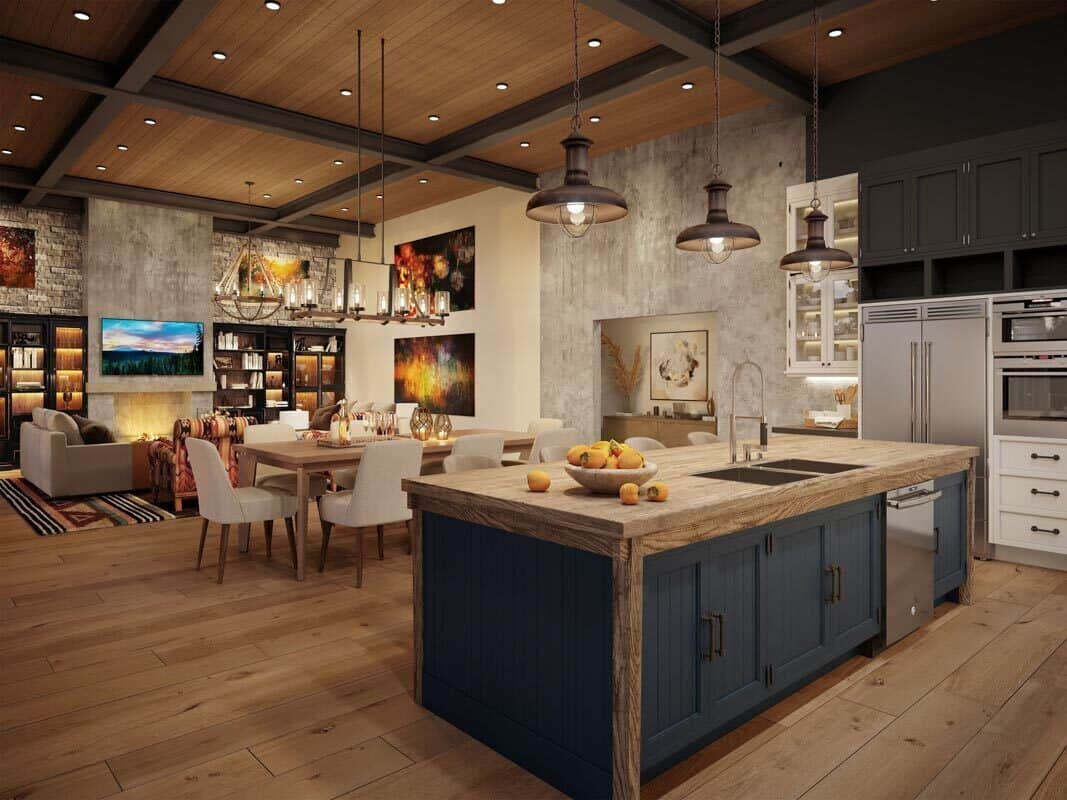 An open layout view of the kitchen, dining area, and great room crowned with a wood-paneled ceiling.