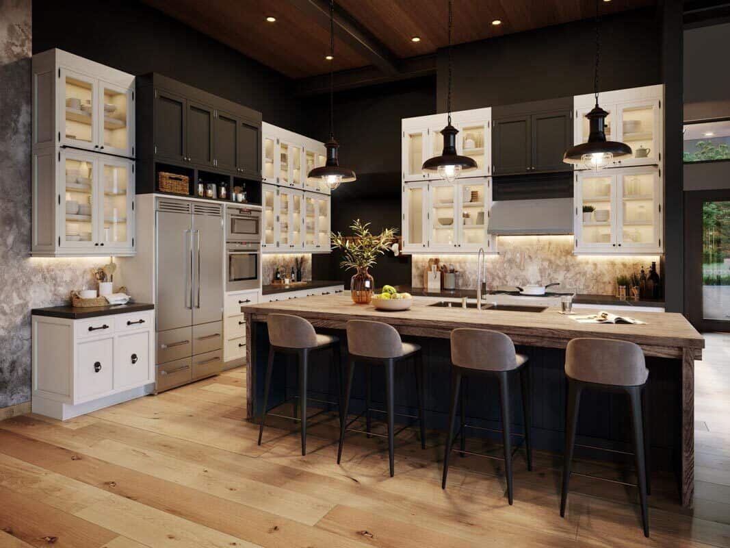 The kitchen is equipped with contrasting cabinets, stainless steel appliances, and a breakfast island fitted with double sinks.