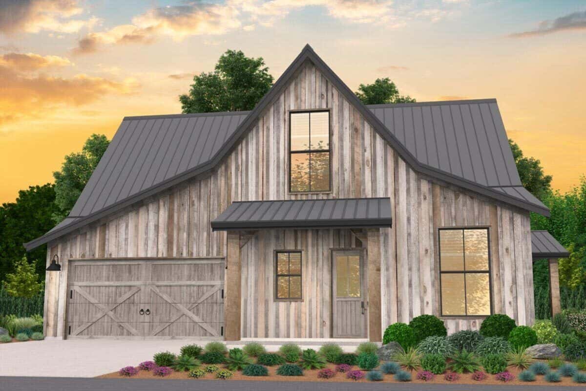 Front rendering with a double garage and a covered porch with a glazed entry door.