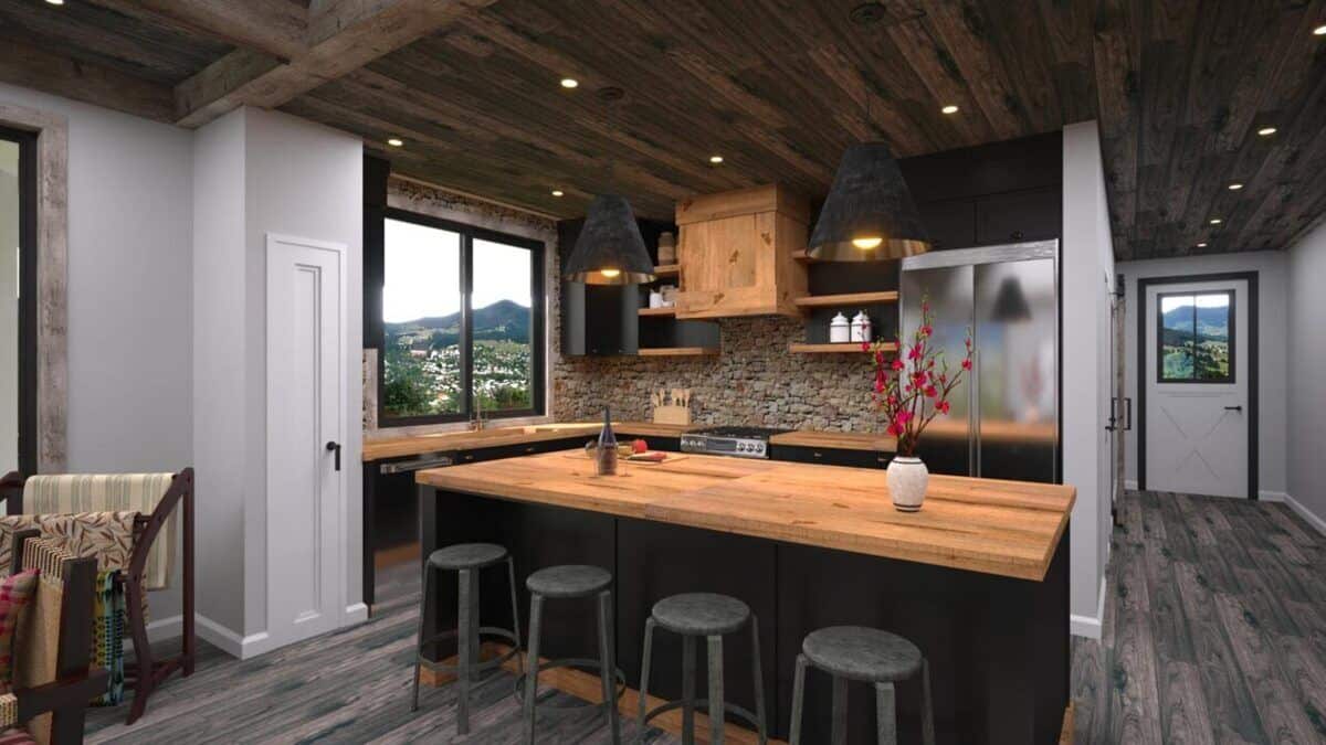 The kitchen is equipped with stainless steel appliances, wooden counters, and a breakfast island with four bar seating.