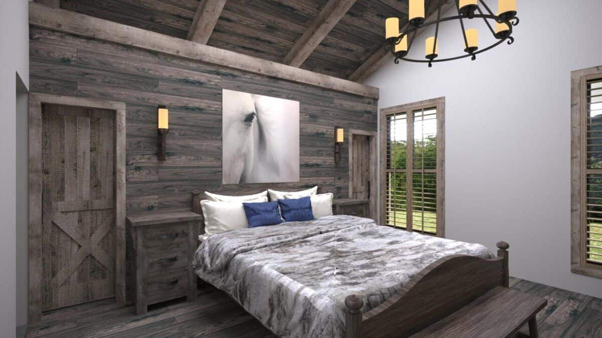 Primary bedroom with a vaulted ceiling, a hardwood floor, and a wooden bed that blends in with the matching nightstands and wood-paneled accent wall.