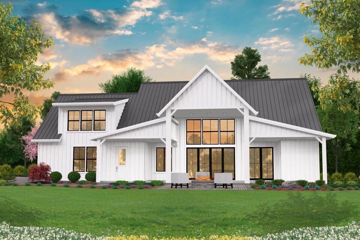 Rear rendering showcasing the spacious patio with fire pit seating.