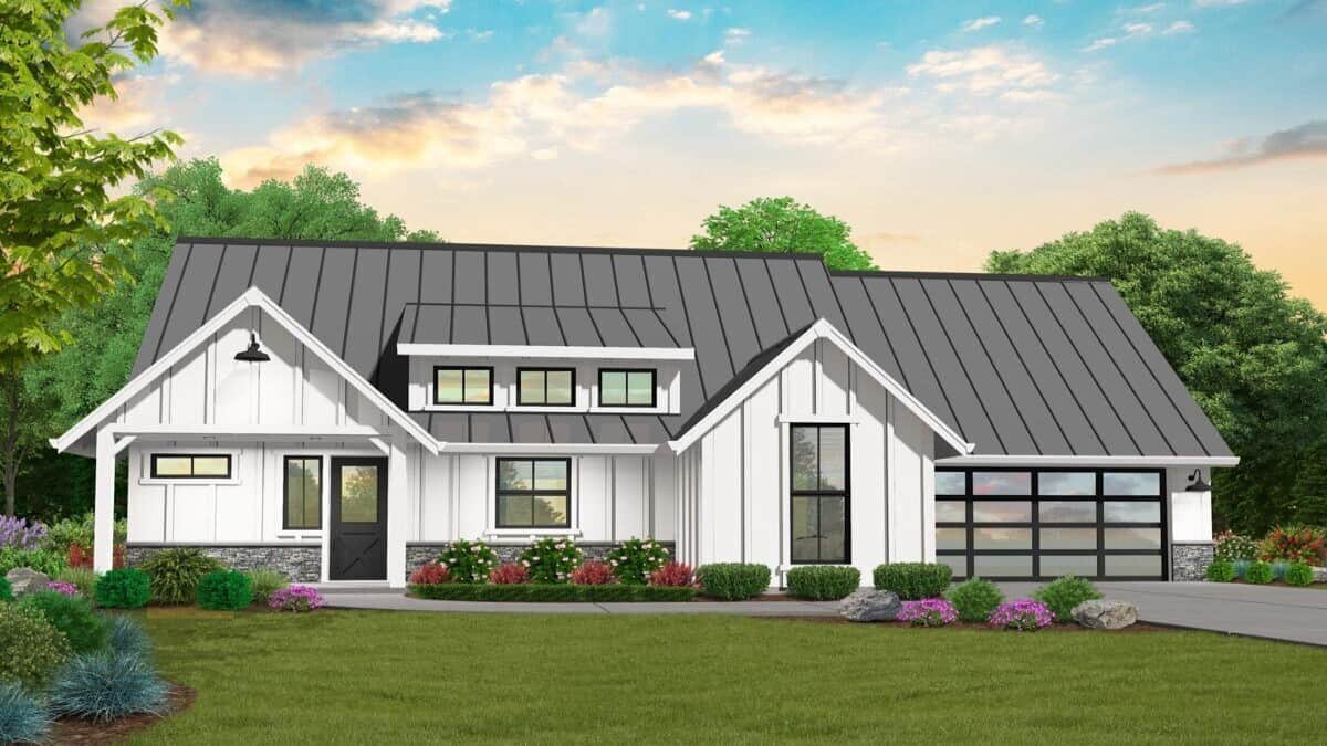 Front rendering with board and batten siding, gable rooflines, a front-facing garage, and a covered entry porch topped with a large shed dormer.