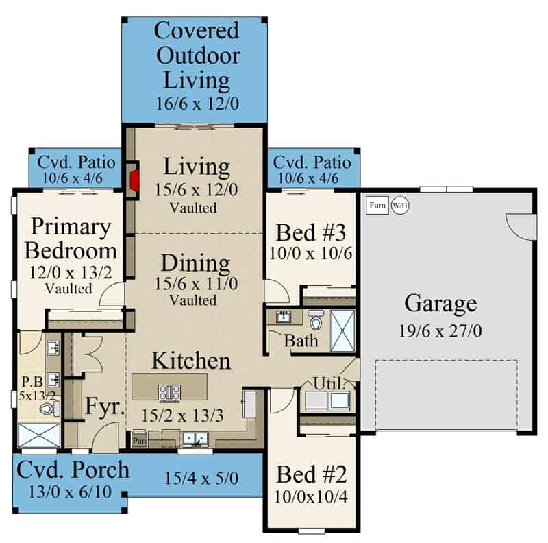 Main level floor plan of a 3-bedroom contemporary single-story farmhouse with foyer, kitchen, dining room, living room, utility leading to the garage, and lots of outdoor space.