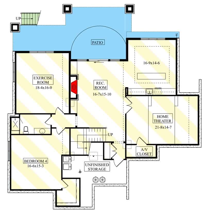 Lower level floor plan with a bedroom, home theater, rec room, and exercise room.