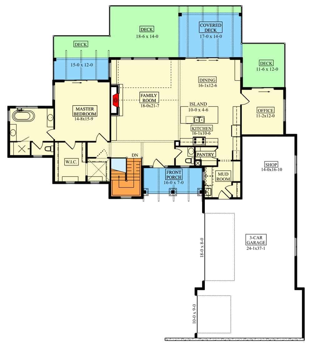 Main level floor plan of a single-story 5-bedroom mountain ranch with family room, dining area, kitchen, home office, primary suite, and mudroom leading to the garage.