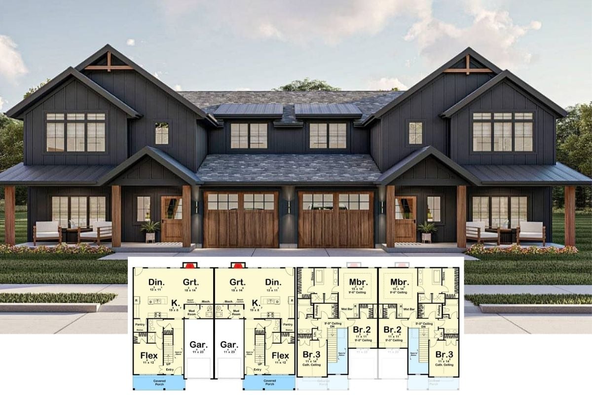 Discover the Dual Delights of This Remarkable 4,354 Sq. Ft. Farmhouse with Matching 3-Bed Units (Check Out the Complete Floor Plan Here)