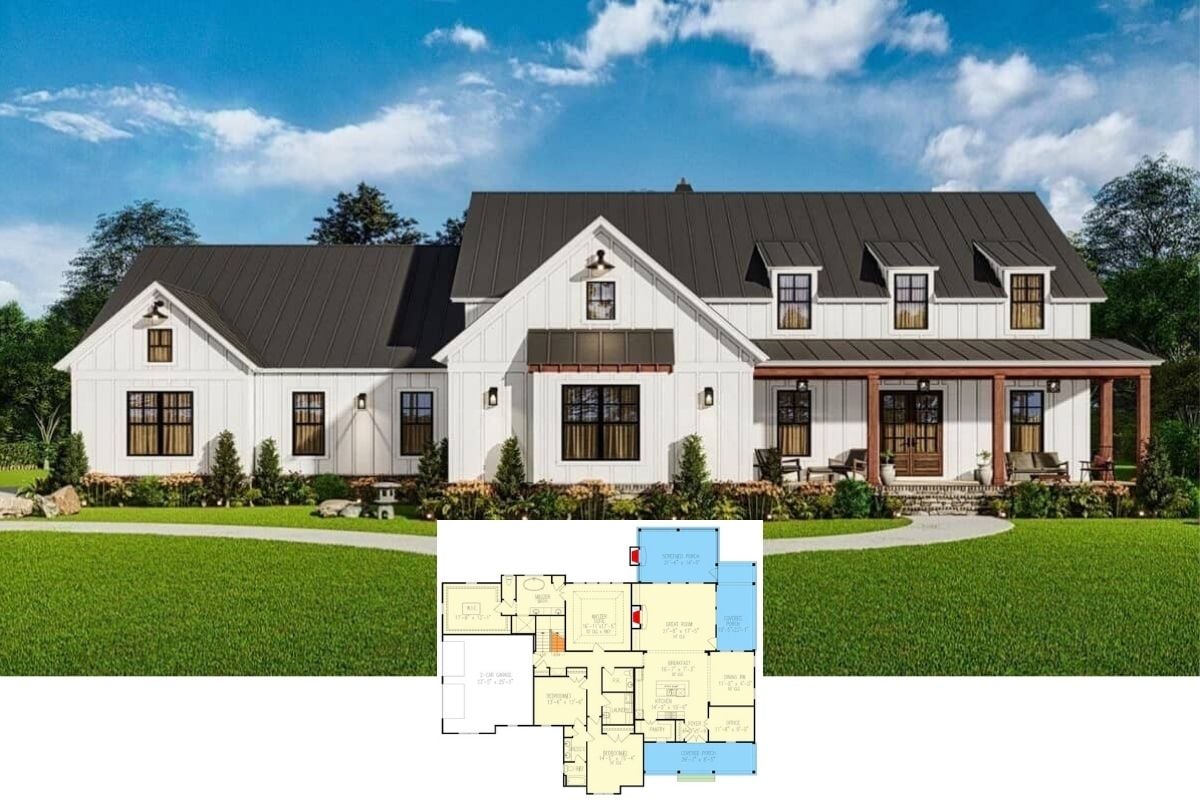 Tour This 6-Bedroom Stylish Farmhouse Boasting White Board-and-Batten Siding and a Dark Metal Roof (2,809 Sq. Ft. Floor Plan Included)
