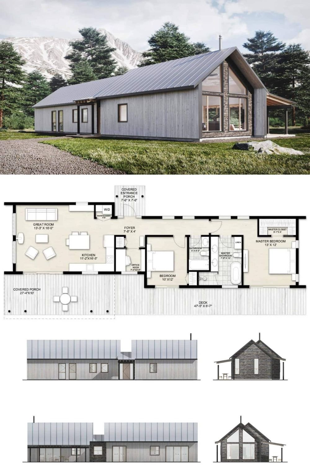 This modern Scandinavian home is embellished with vertical wood siding, stone accents, metal gable roofs, and huge windows bringing an abundant amount of natural light in. It features a covered entry porch and a partially covered deck at the back that maximizes views and living space.