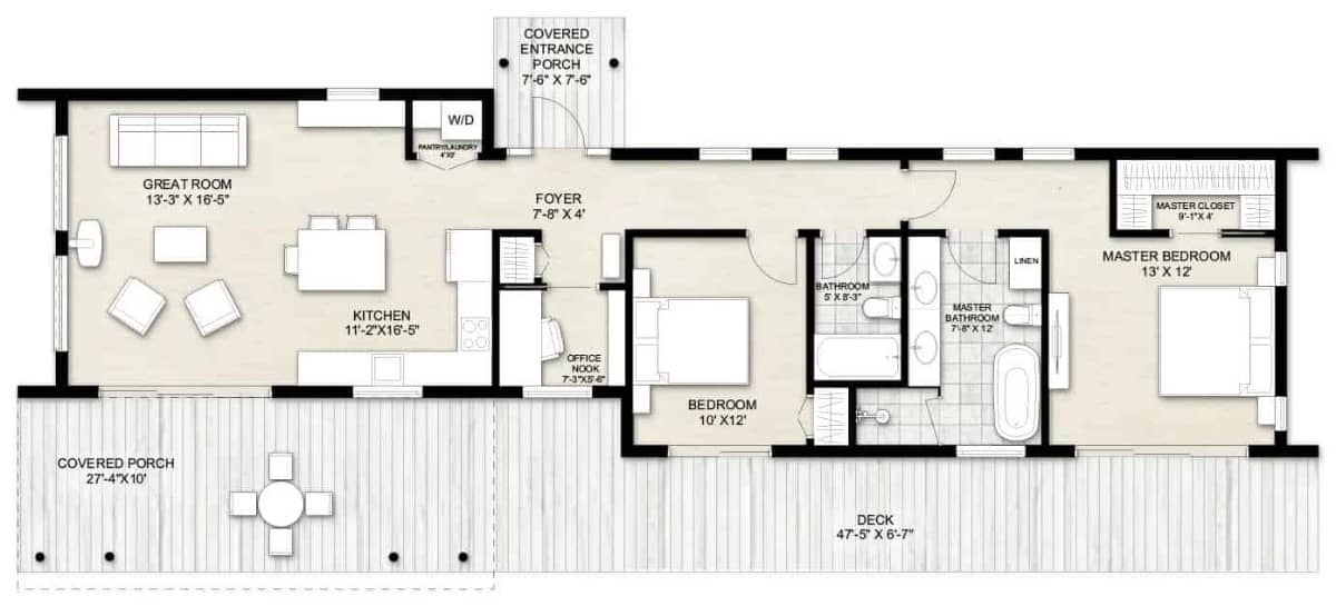 Main level floor plan of a single-story modern 2-bedroom Scandinavian home with foyer, great room, kitchen, home office, two bedrooms, and covered porches.