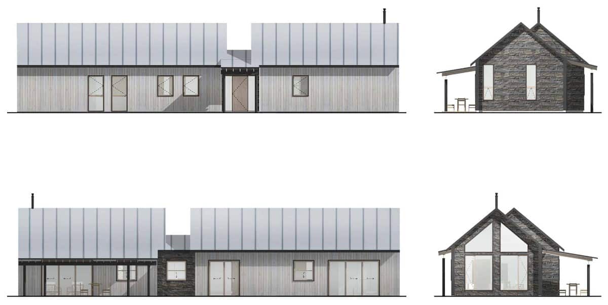 Elevations sketch of the single-story modern 2-bedroom Scandinavian home.