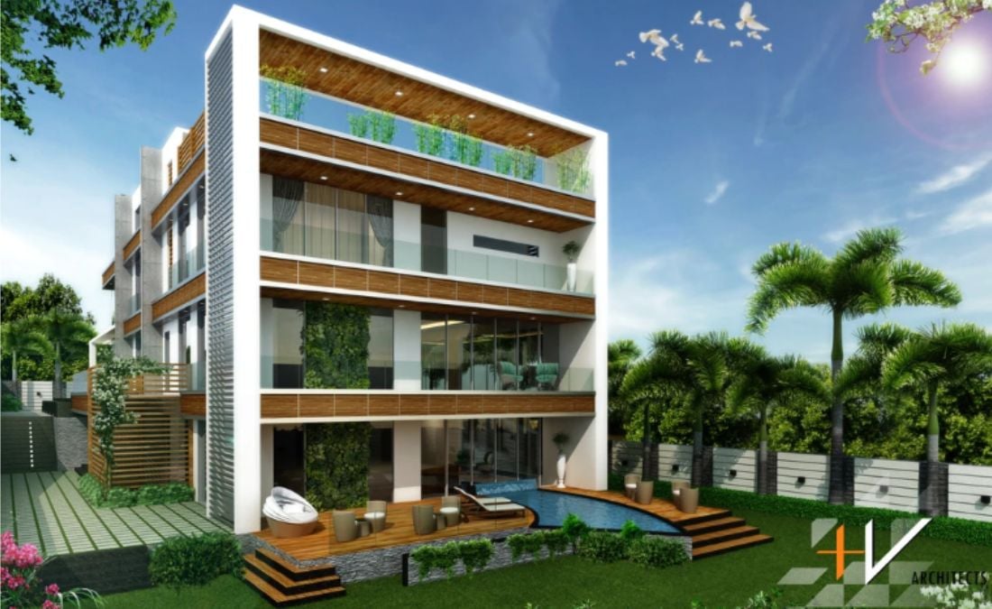 A four-story building that was generated by software and is located in a lush green environment.
