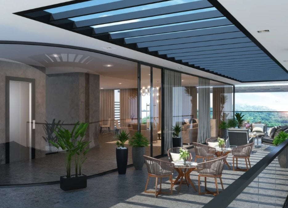 This building offers an outdoor space and massive glass walls, providing you with an opportunity to enjoy the top place in the building.
