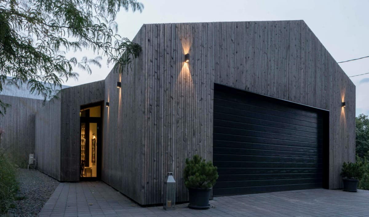The garage provides comfortable parking space for two vehicles.