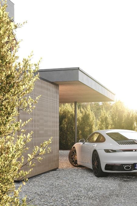 The car park has a visually appealing exterior design, featuring grilled wood panels positioned adjacent to it.