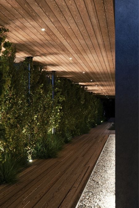 The wooden deck is surrounded by plants and illuminated by lights.