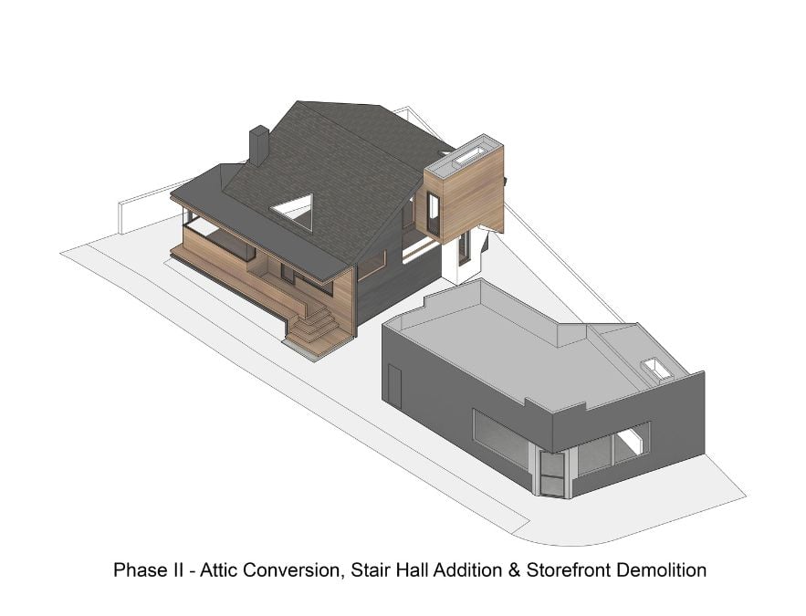 The attic conversion, stair hall addition and storefront demolition plan.