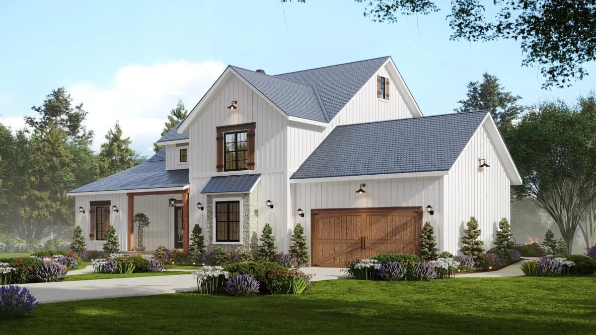 Front-right rendering showcasing the double garage and concrete driveway.