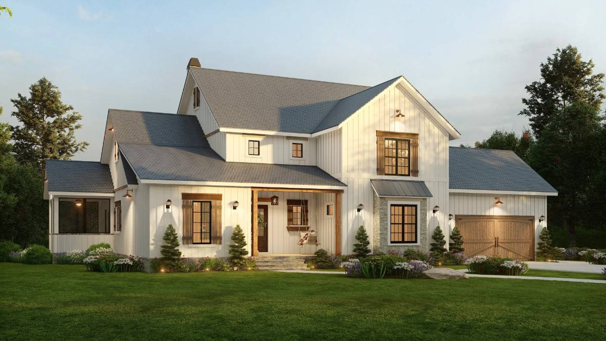 Front-left rendering with shuttered windows and a covered entry porch framed with rustic timbers.