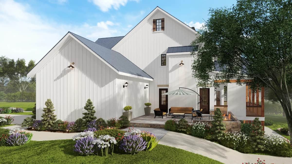 Right rendering with an open patio filled with cushioned seats.