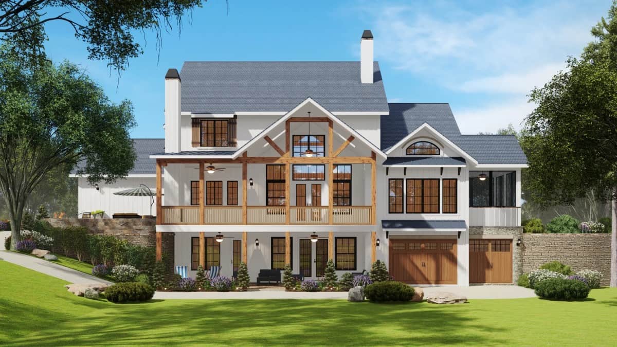 Rear rendering showcasing the spacious porches, a drive-under garage, and a walkout basement.