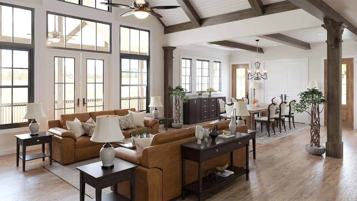 Combined lodge room and dining area separated by interior columns.