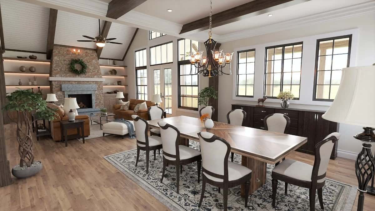 Beamed and vaulted ceilings define the dining and lodge rooms.