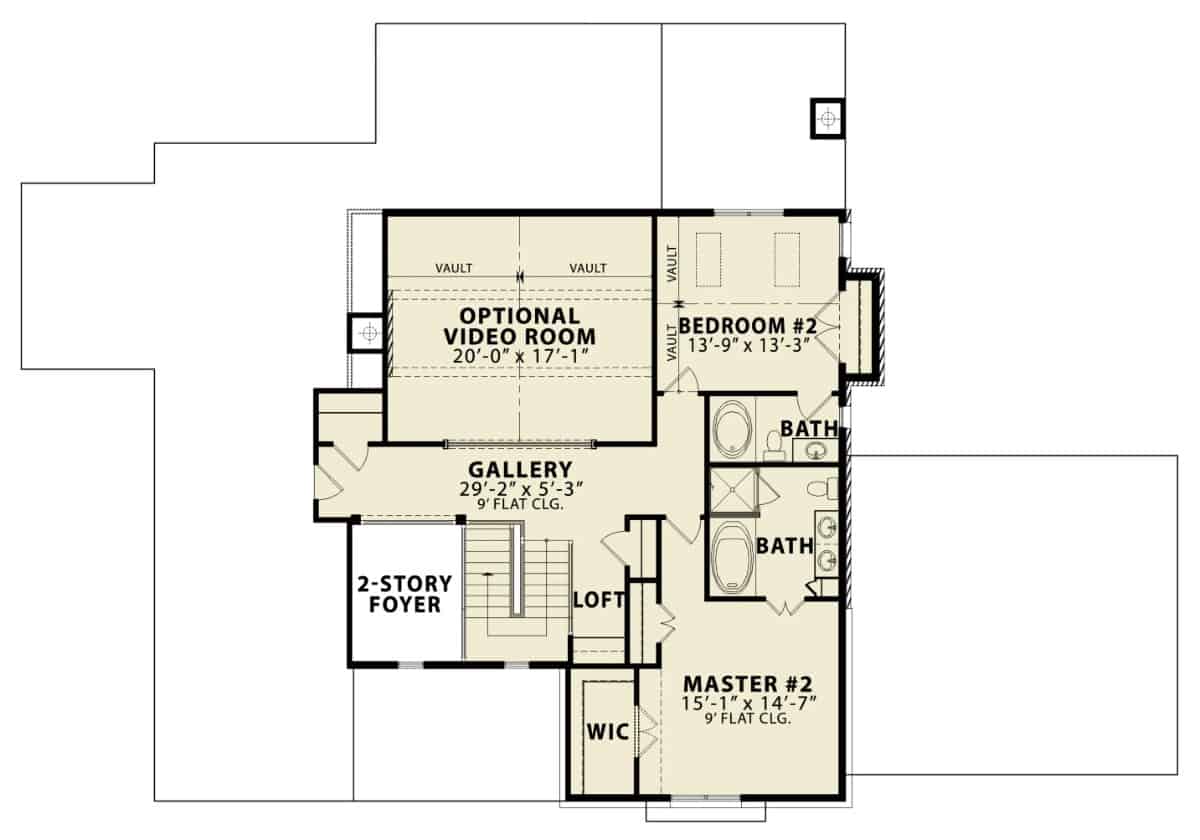 Second level floor plan with two bedrooms, a loft, and an optional video room.