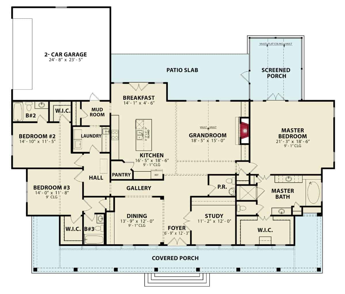 Main level floor plan of a 3-bedroom single-story Morning Side E farmhouse with foyer, dining room, study, grand room, kitchen, breakfast nook, laundry room, mudroom leading to the garage, and expansive porches.