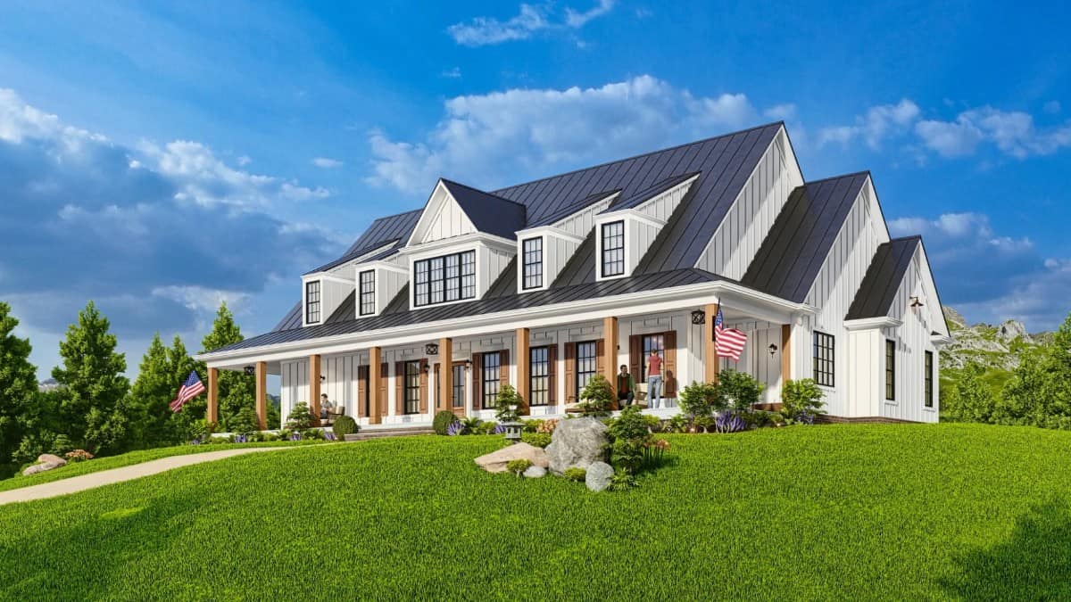 Front-right rendering with multiple gables and an elongated entry porch topped with dormer windows.