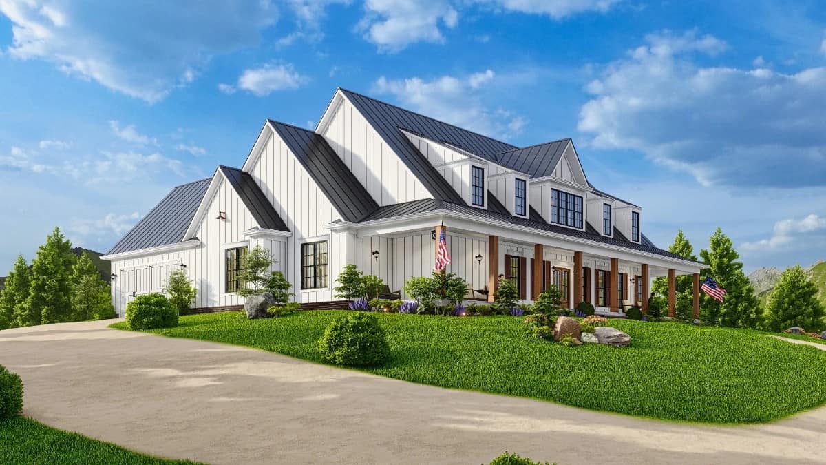 Front-left rendering showcasing the side-loading garage enclosed in overhead doors.