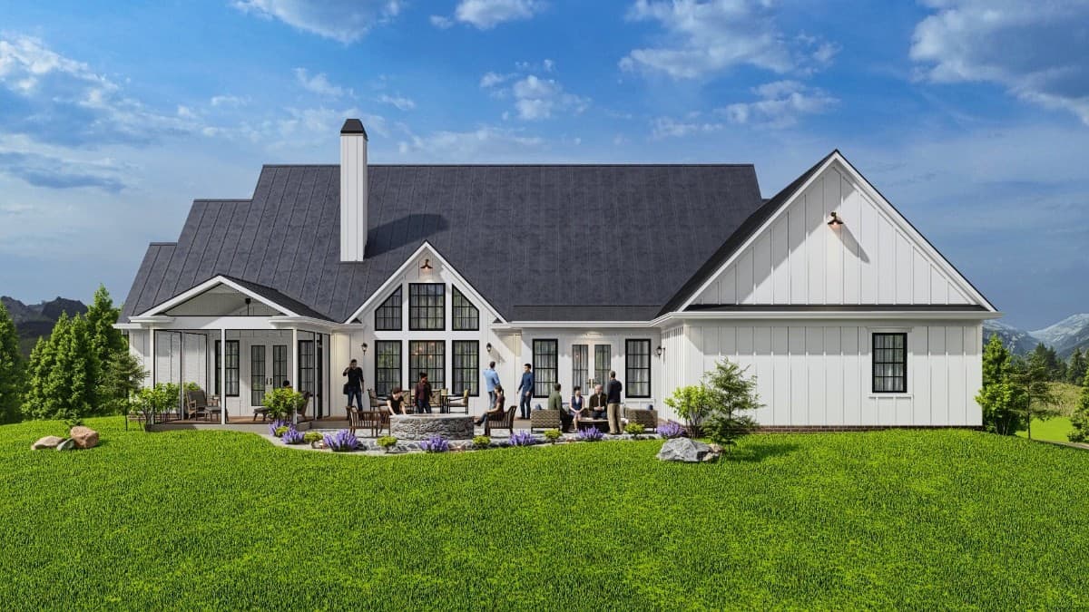 Rear rendering with a screened porch and a spacious patio perfect for large-scale gatherings.