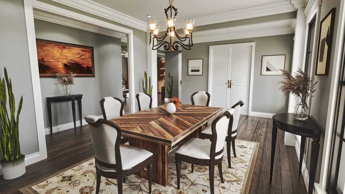 White double doors across the dining room conceal the study.