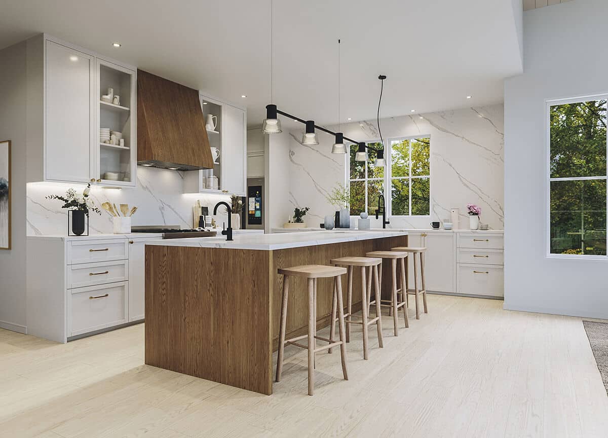 Wrought iron pendants and wooden bar stools complement the kitchen island.