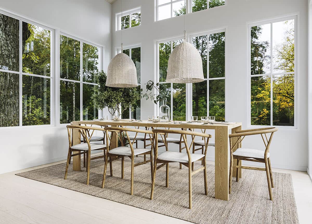 The dining area offers an 8-seater wooden dining set topped with wicker pendants.