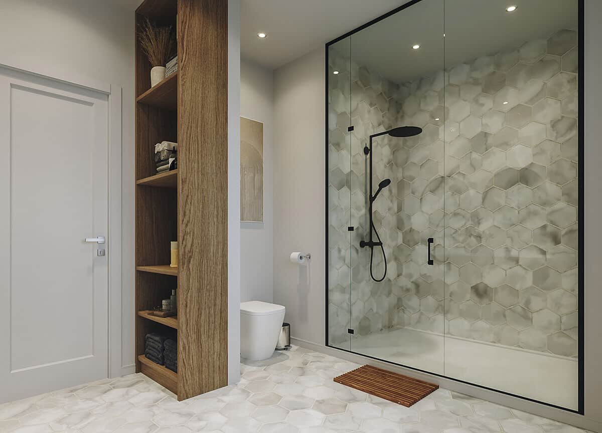The primary bathroom includes a toilet area and a walk-in shower highlighted by hex marble hex tiles.