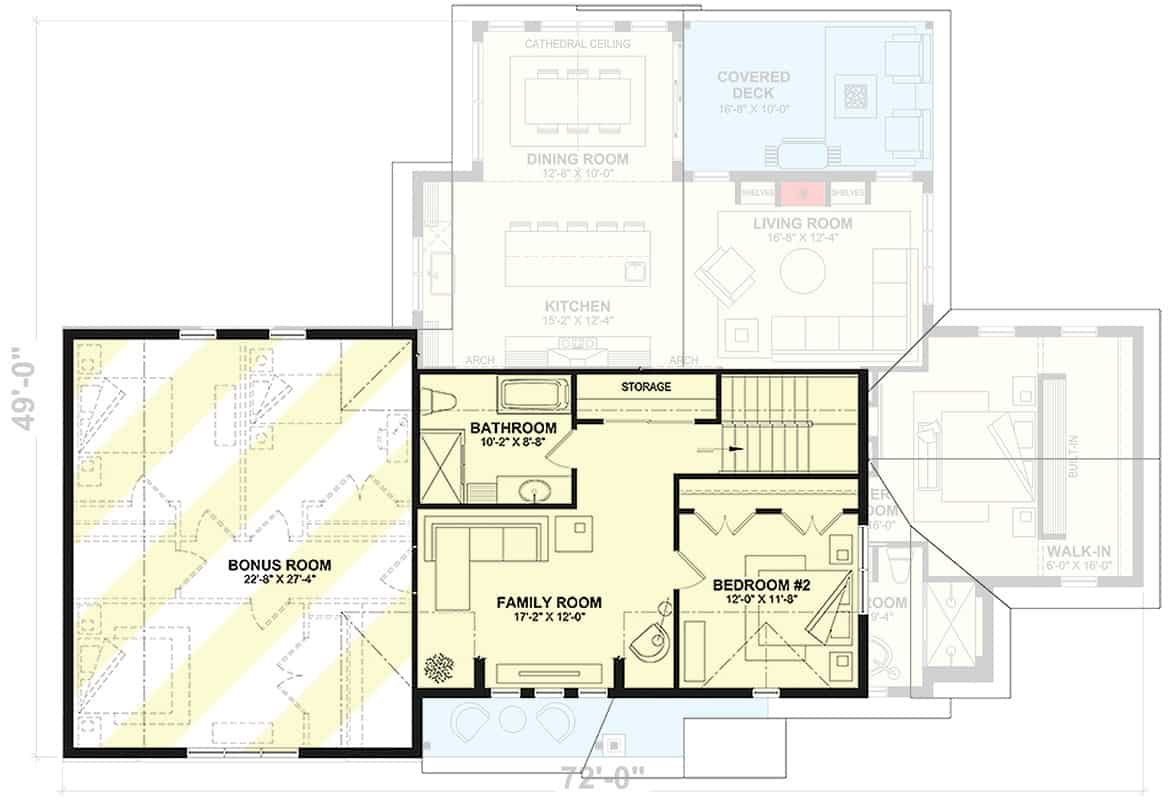 Second level floor plan with two bedrooms and a shared bathroom.