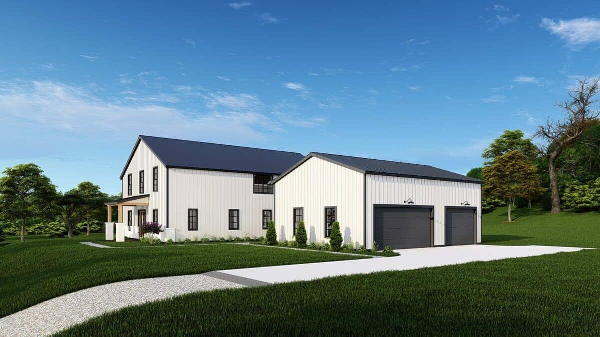 Front-right rendering showcasing the detached garage under a gable roof.