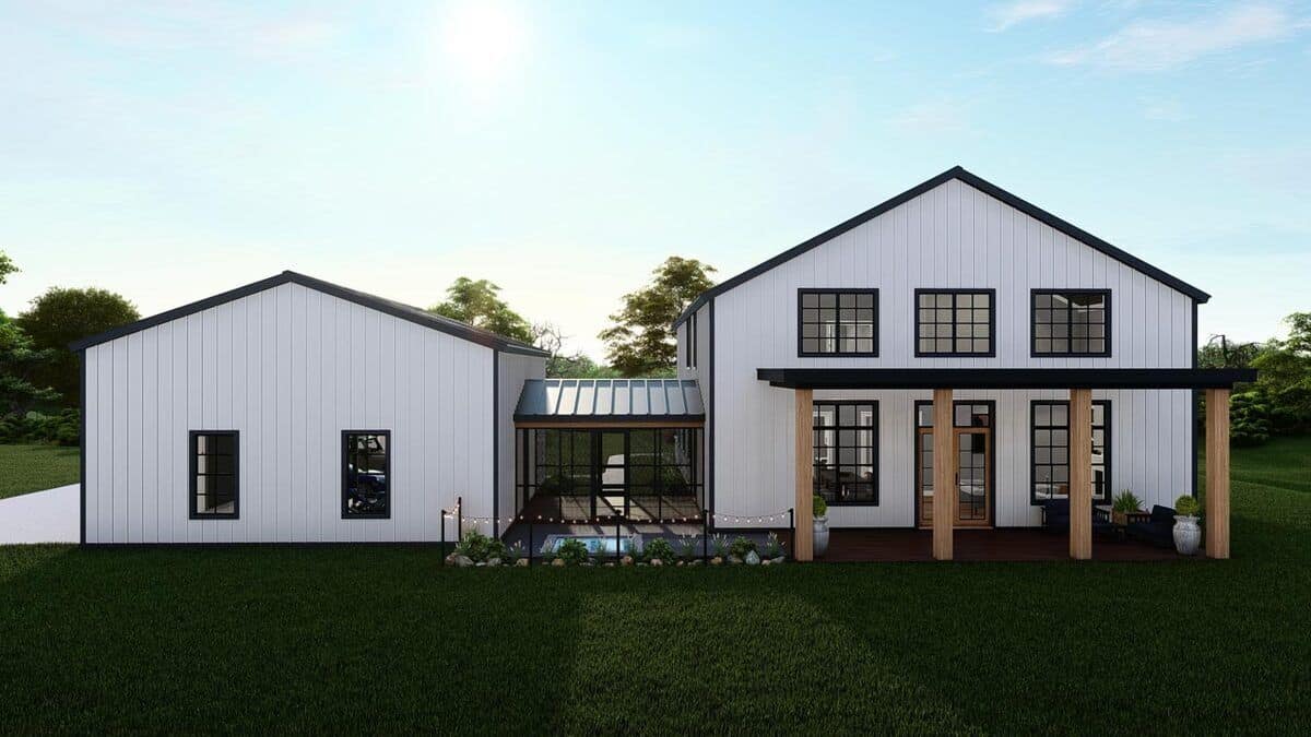 Rear rendering showcasing the screened breezeway and covered porch framed with timber posts.