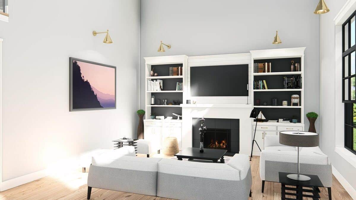 The living room has gray seats, white built-ins, and a fireplace topped with a TV.